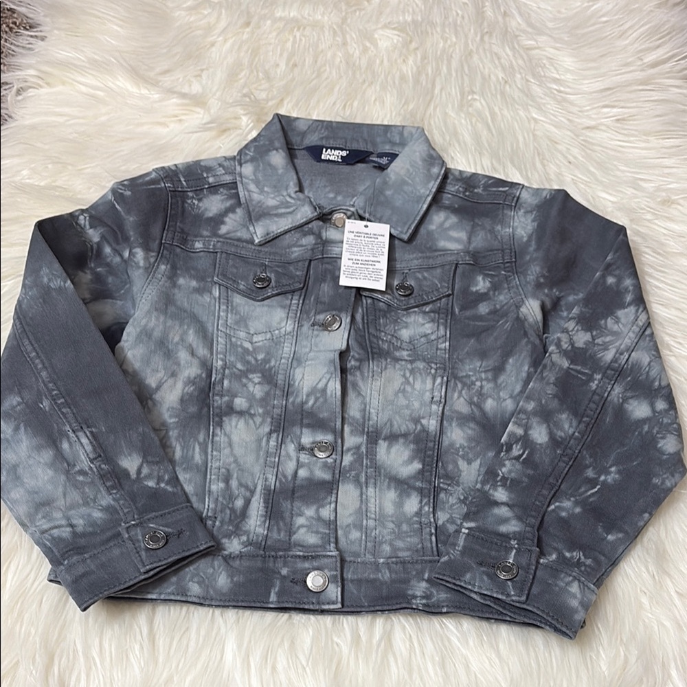 NWT Lands End Girls Youth Long Sleeve Button Up Tie Dye Denim Jacket Size XS 4-5